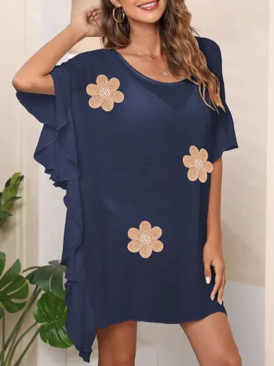 Women Fashion Ruffled Solid Color Flower Loose Beach Swimsuit Cover-Ups