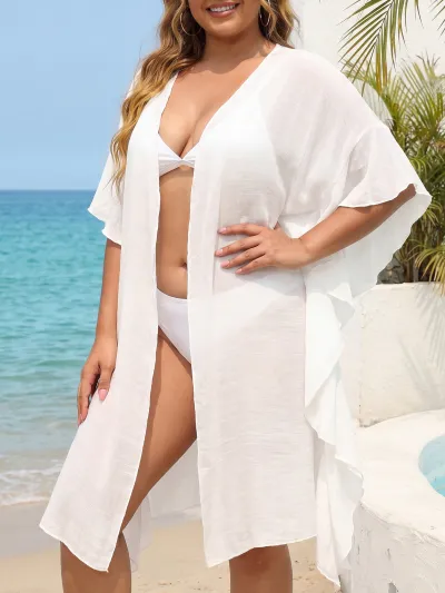 Women Fashion Sexy Solid Color Lotus Leaf Loose Cardigan Beach Swimsuit Cover-Ups