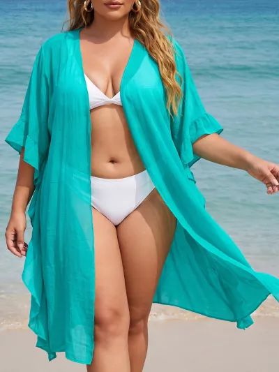 Women Fashion Sexy Solid Color Lotus Leaf Loose Cardigan Beach Swimsuit Cover-Ups