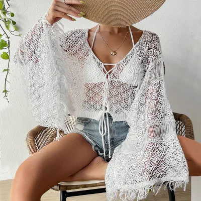 Women Fashion Solid Color Hollow-Out Tassel Horn Sleeve Beach Swimsuit Cover-Ups