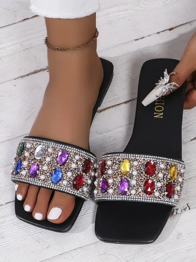 Women Fashion Casual Colored Rhinestone Square-Toe Flat Bottom Slippers