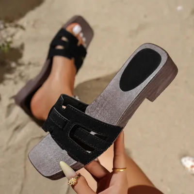 Women Fashion Casual Summer Square Toe Hollow E Low Heel Slippers