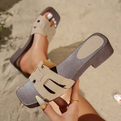 Women Fashion Casual Summer Square Toe Hollow E Low Heel Slippers