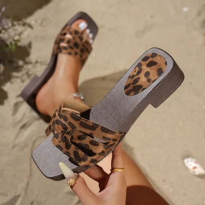 Women Fashion Casual Summer Square Toe Hollow E Low Heel Slippers