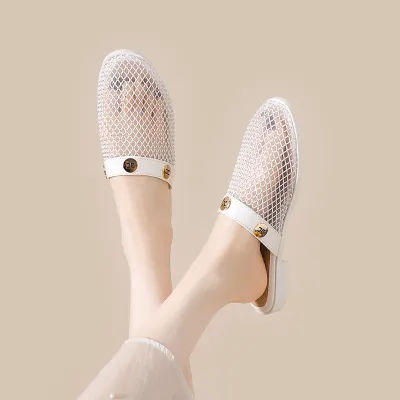 Women Fashion Casual Mesh Breathable Metal Buckle Slip-On Flat Slippers
