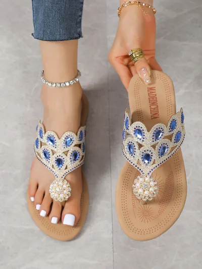 Women Fashion Casual Summer Rhinestone Round-Toe Flat Beach Slippers