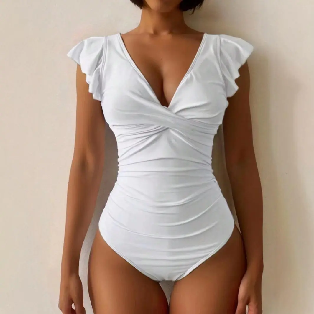 Women Fashion Sexy Solid Color V-Neck Ruffle Sleeve Backless One-Piece Swimsuit