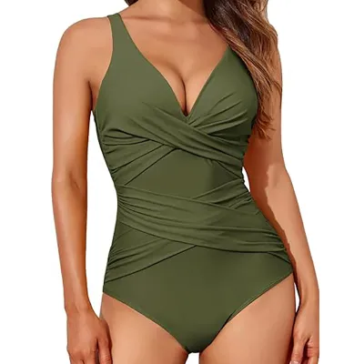 Women Fashion Sexy Solid Color High-Waist Tight Crossover Backless One-Piece Swimsuit