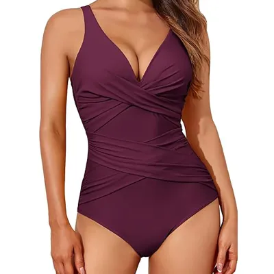 Women Fashion Sexy Solid Color High-Waist Tight Crossover Backless One-Piece Swimsuit