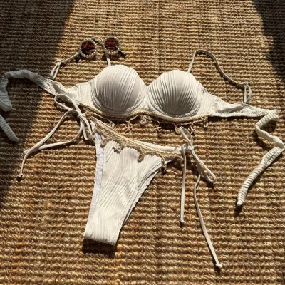 Women Fashion Sexy Solid Color Shell Petal Lace-Up Bikini Swimsuit