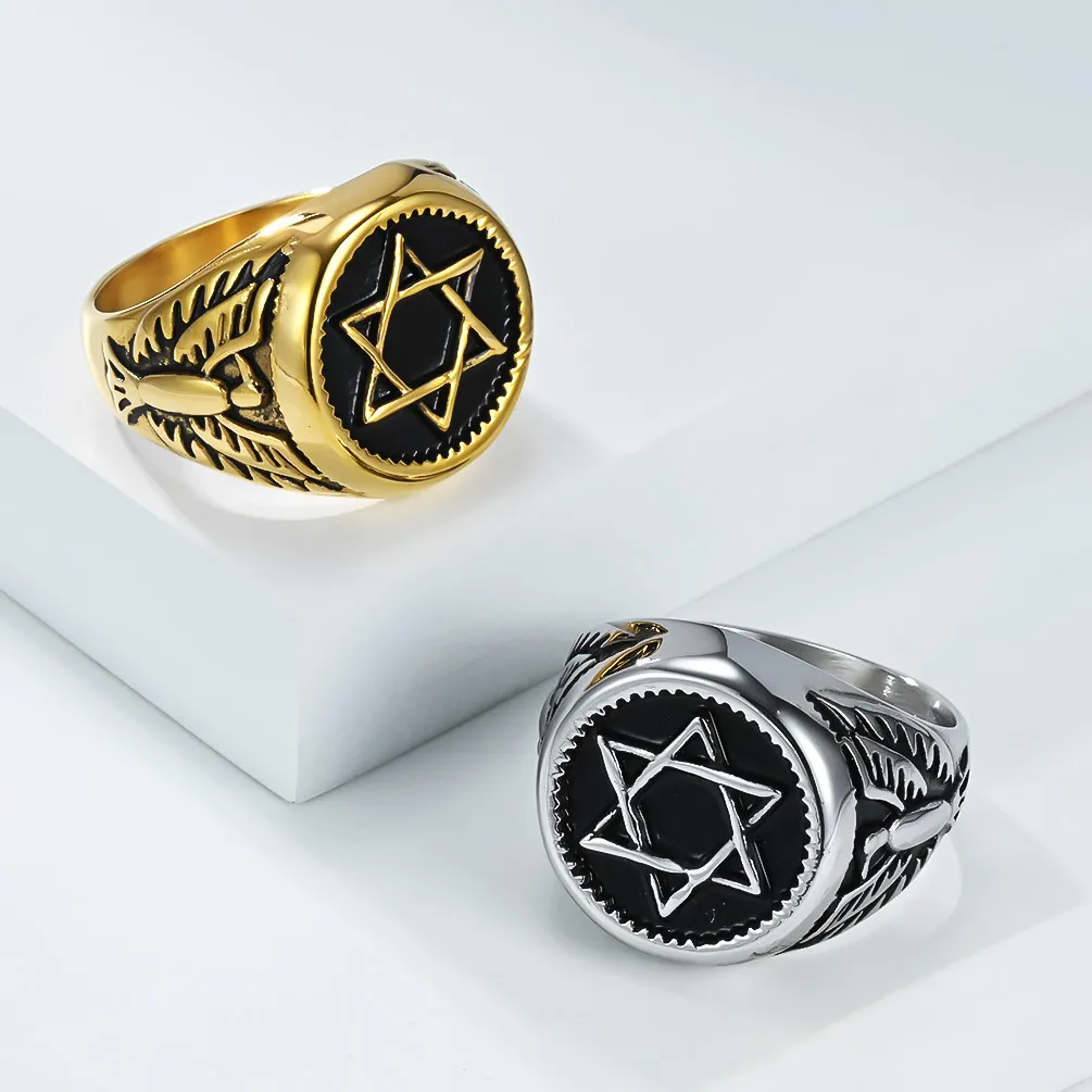 Men'S Fashion Six-Pointed Star Bald Eagle Titanium Steel Ring