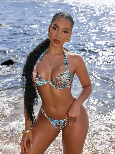 Women Fashion Sexy Leopard Printed Steel Support Halter-Neck Lace-Up Bikini Swimsuit