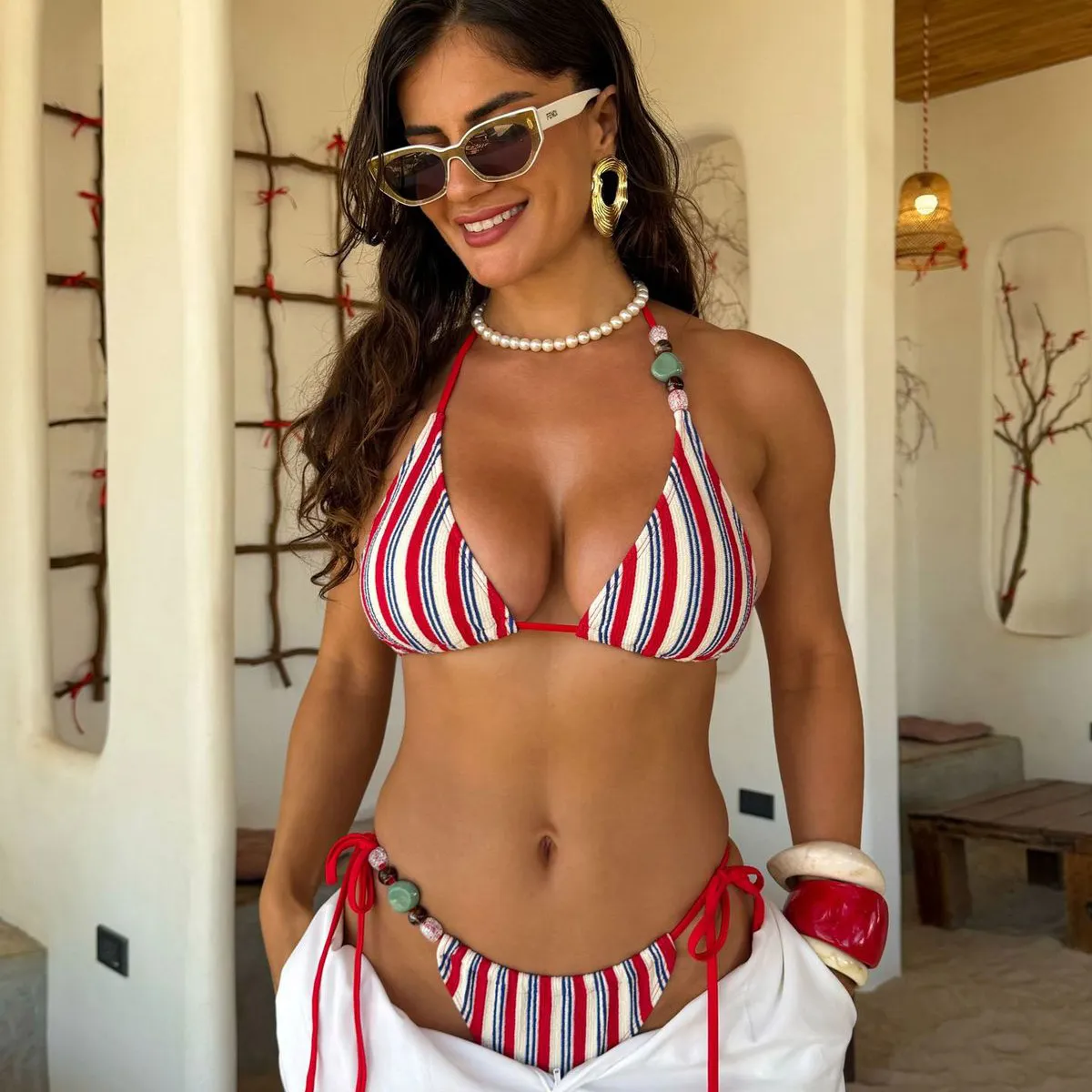 Women Fashion Sexy Stripe Halter-Neck Lace-Up Backless Bikini Swimsuit