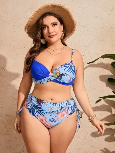 Women Fashion Sexy Plus Size Flower Printed Bikini Swimsuit