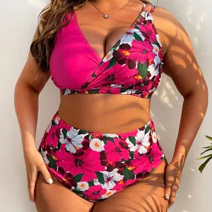 Women Fashion Sexy Plus Size Stitching Floral Printed Bikini Swimsuit