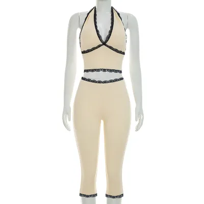 Women Fashion Neck Lace Top And Cropped Pants Two-Piece Set