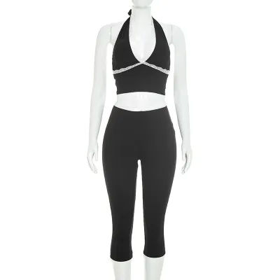 Women Fashion Neck Lace Top And Cropped Pants Two-Piece Set