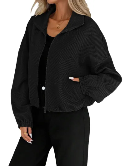 Autumn Women Casual Fashion High Collar Zipper Hem Drawstring Baseball Coat