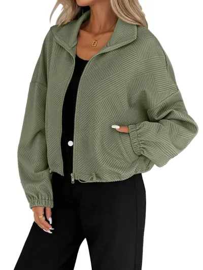 Autumn Women Casual Fashion High Collar Zipper Hem Drawstring Baseball Coat