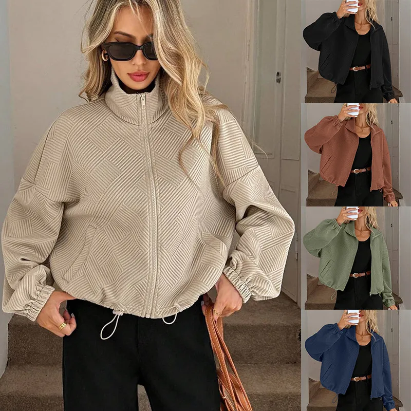 Autumn Women Casual Fashion High Collar Zipper Hem Drawstring Baseball Coat