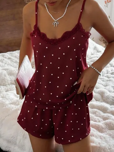 Women Fashion Sexy Love Printed Lace Camisole Loose Shorts Pajamas Two-Piece Set