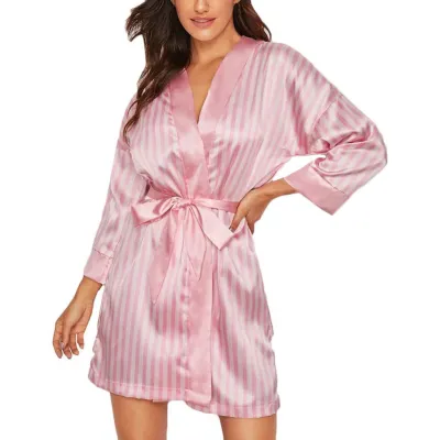 Women Fashion Casual Stripe Long-Sleeve Cardigan Shorts Pajamas Two-Piece Set