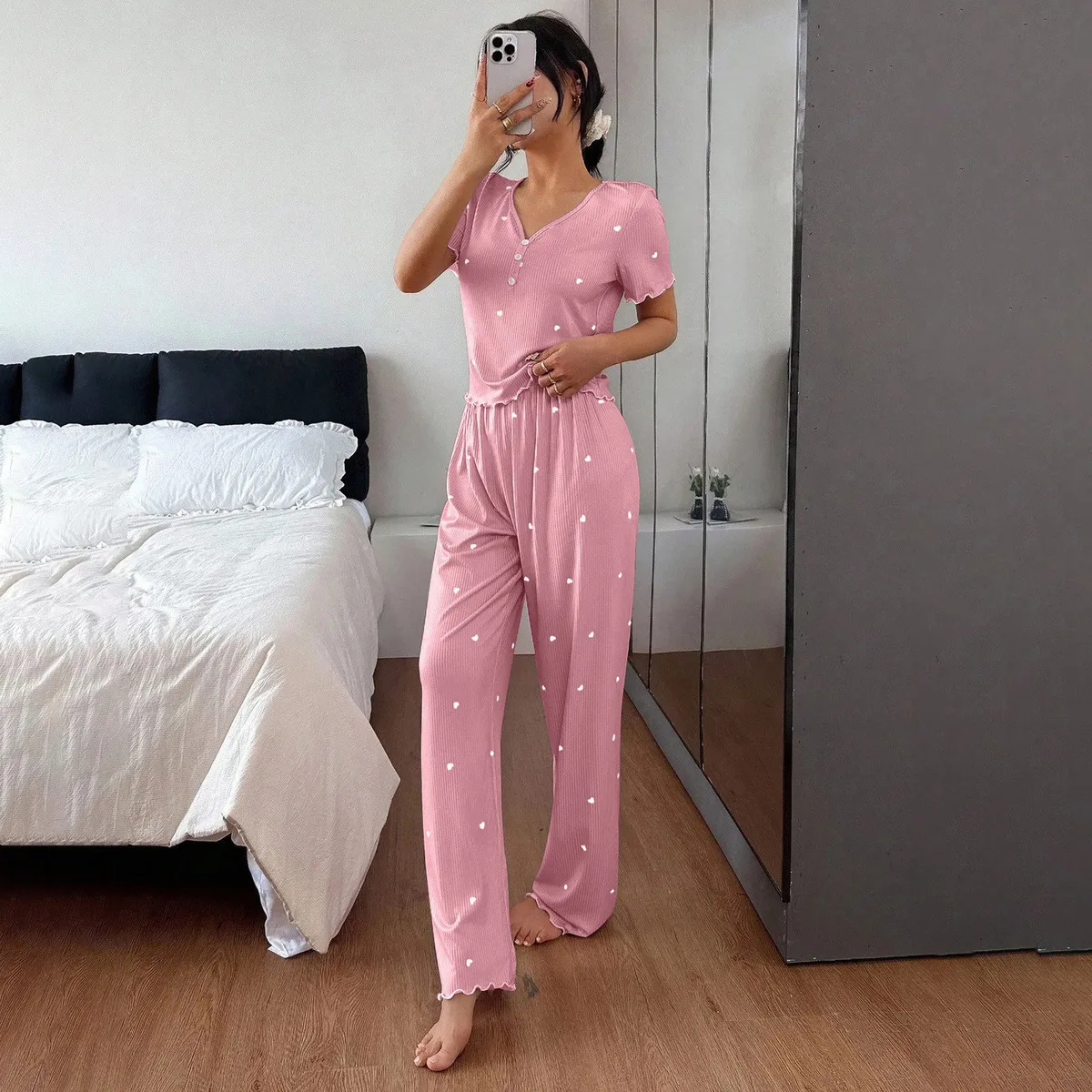 Women Fashion Casual Summer Love Printed Short-Sleeve T-Shirt Loose Pants Pajamas Two-Piece Set