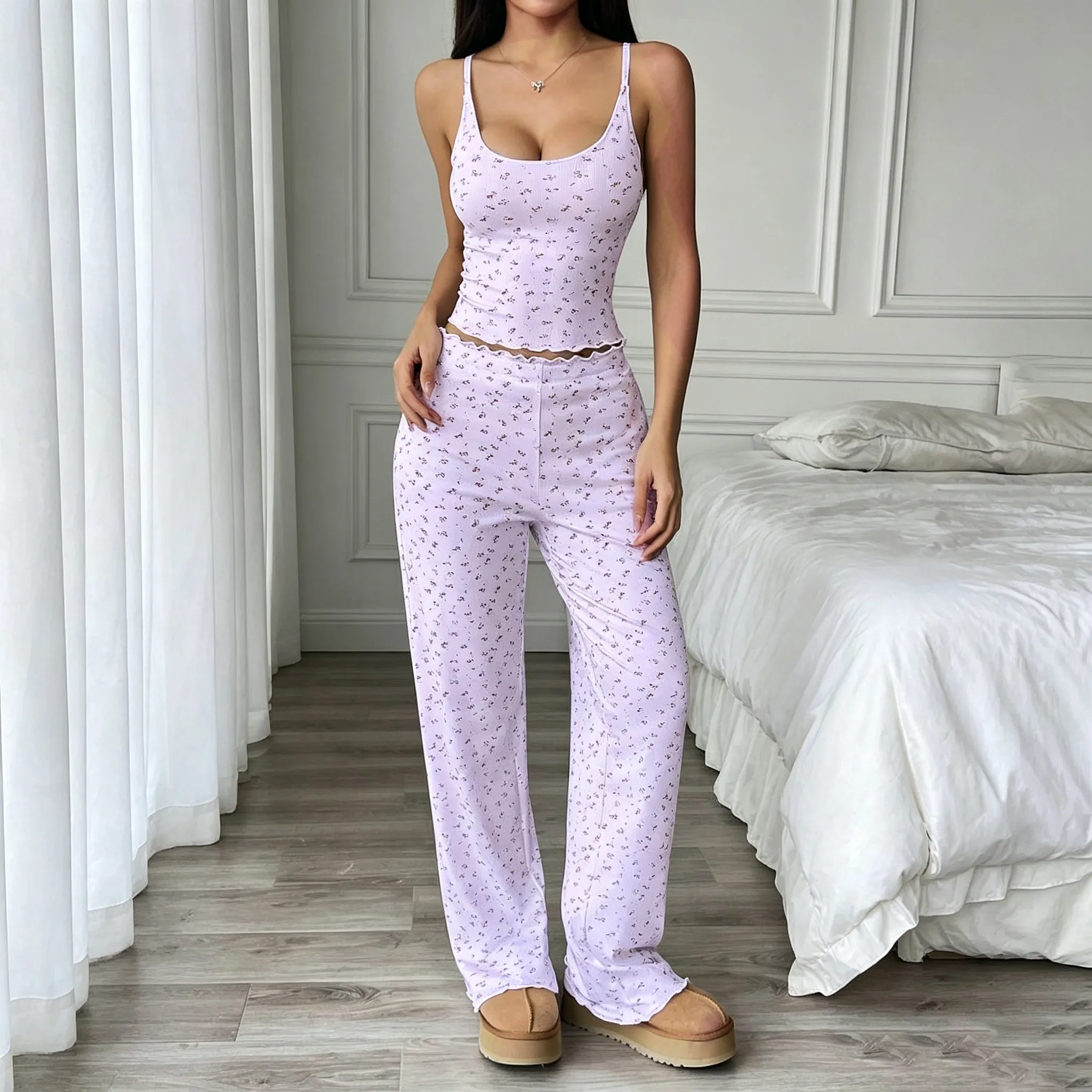 Women Fashion Casual Flower Printed Camisole Pants Pajamas Two-Piece Set