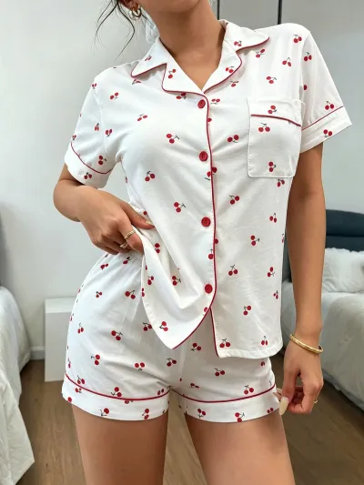 Women Fashion Casual Cotton Love Printed Lapel Short-Sleeve Cardigan Loose Shorts Pajamas Two-Piece Set
