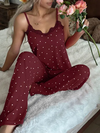 Women Fashion Love Wave Printed Lace Stitching Camisole Pants Pajamas Two-Piece Set