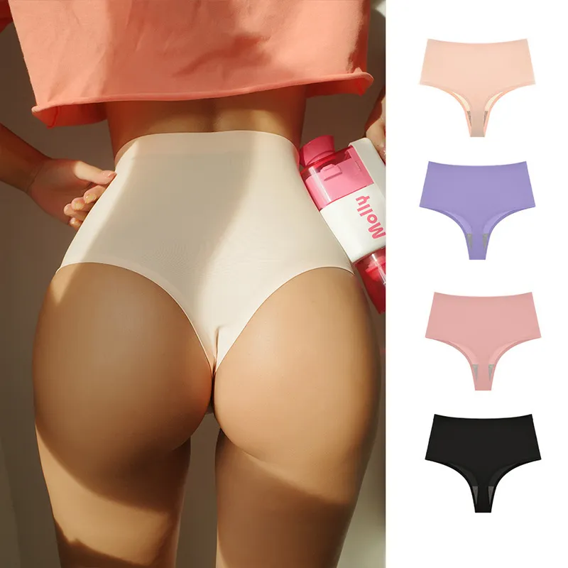 Women Fashion Solid Color High Waist Ice Silk Thong