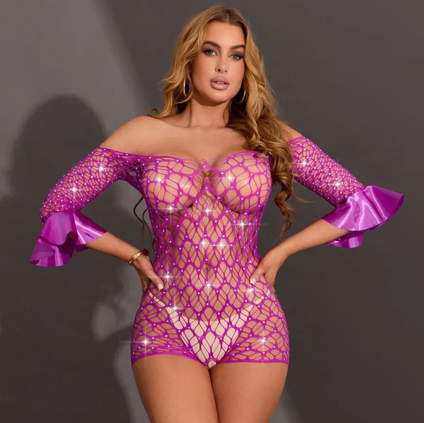 Women Fashion Solid Color Rhinestone Hollow-Out Short-Sleeve One-Piece Sexy Lingerie