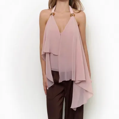 Women Fashion Chiffon Irregular Solid Color Halter Top