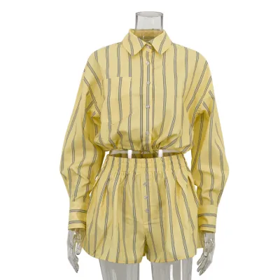 Autumn Women'S Casual Stripe Print Long Sleeve Shirt And Shorts Two-Piece Set