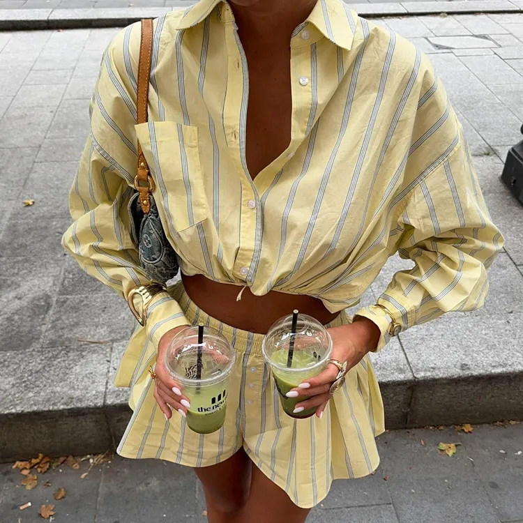 Autumn Women'S Casual Stripe Print Long Sleeve Shirt And Shorts Two-Piece Set