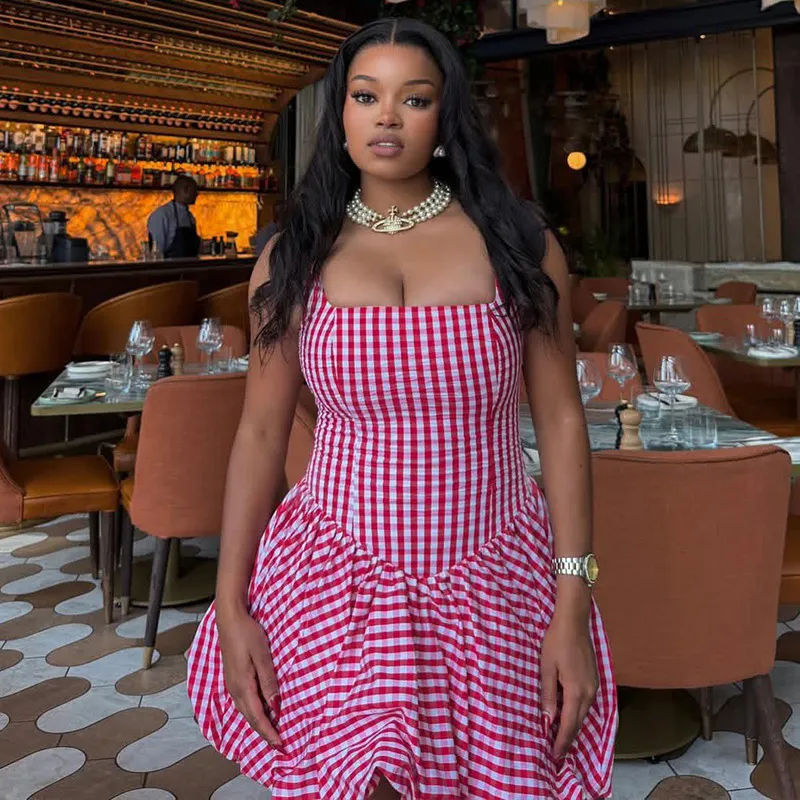 Women Fashion Plaid Print Tight A- Line Sling Dress