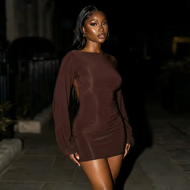 Women Solid Color Sexy Backless Long Sleeve Mini Dress