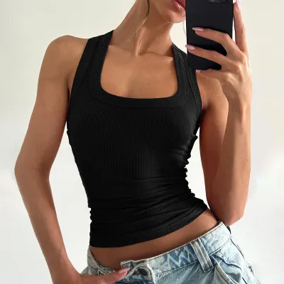 Women Fashion Simple U-Neck Solid Color Tanks