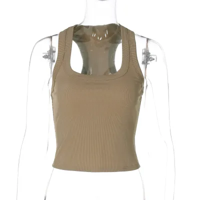 Women Fashion Simple U-Neck Solid Color Tanks