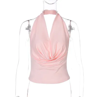 Women Fashion Solid Color Cowl Neck Backless Tanks