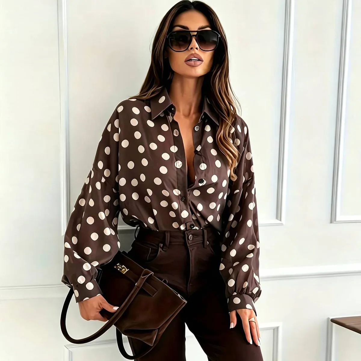Autumn Women Casual Fashion Wave Dot Print Long Sleeve Shirt