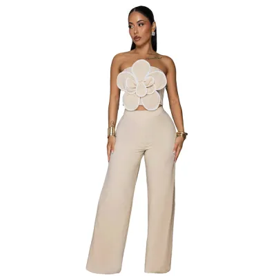 Women Fashion Sexy Floral Strapless Top And Wide Leg Pants Two-Piece Set