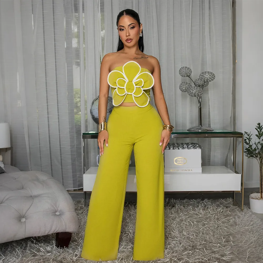 Women Fashion Sexy Floral Strapless Top And Wide Leg Pants Two-Piece Set