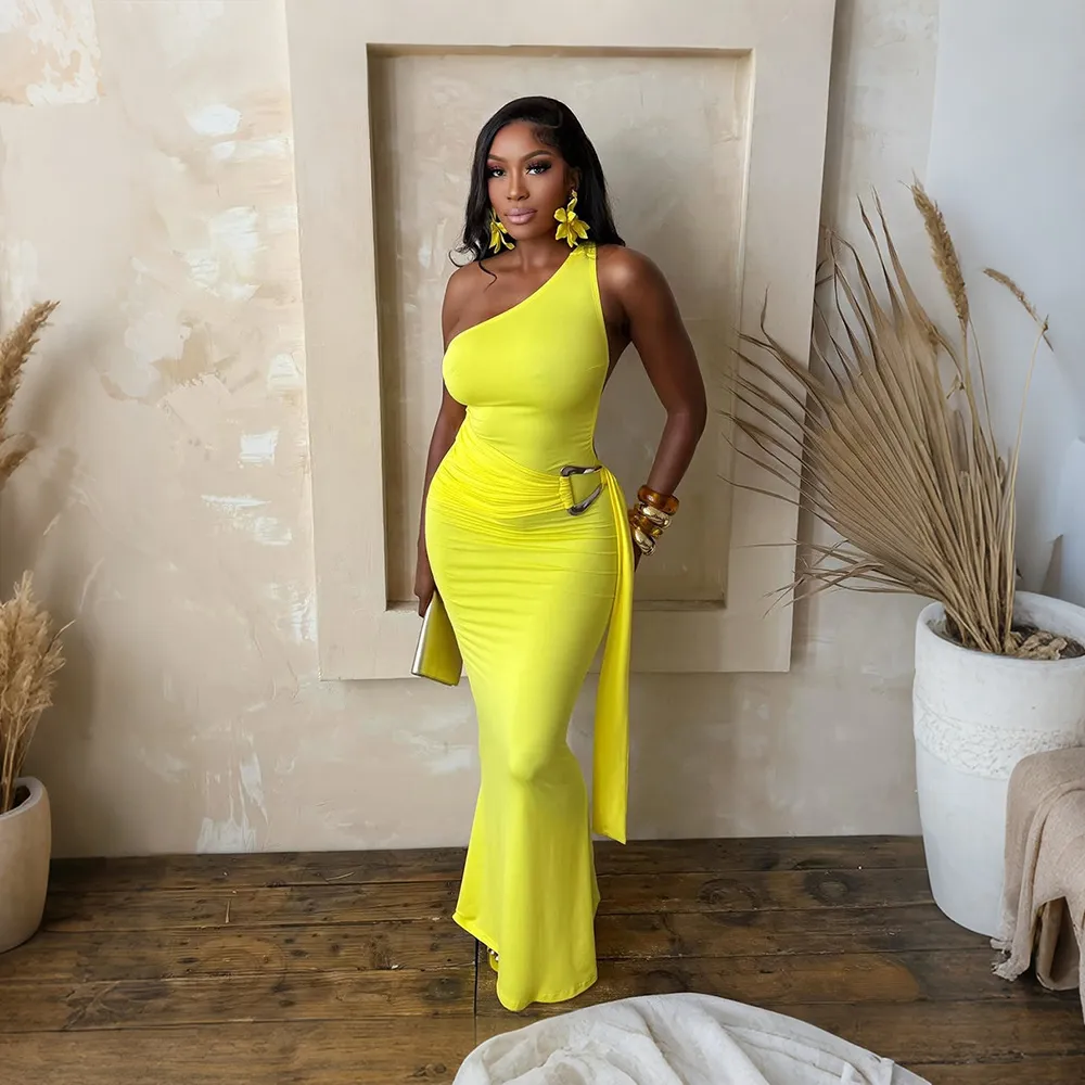 Women Elegant Solid Shoulder Maxi Dress
