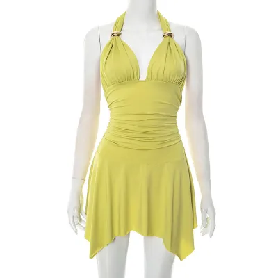 Summer Women Sexy Solid Color V-Neck Mini Dress