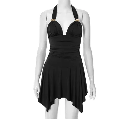 Summer Women Sexy Solid Color V-Neck Mini Dress