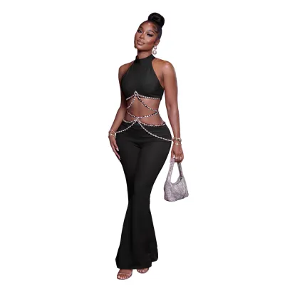 Women Light Luxury Sexy Rhinestone Waist Chain Tanks And Pants Two-Piece Set