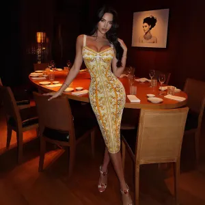 Women Sexy Vintage Print Sling Midi Dress