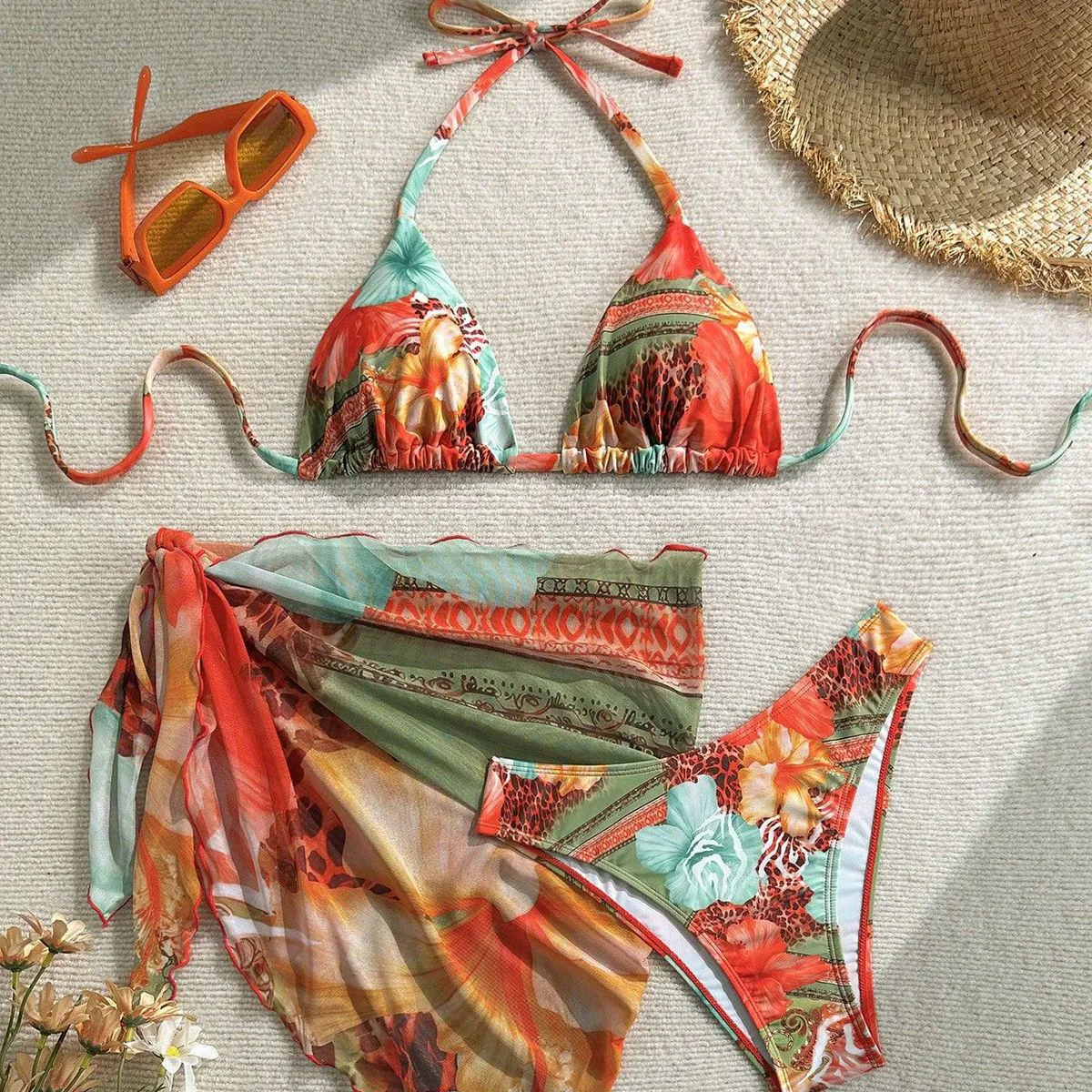Women Fashion Print Bikini Swimsuit Three-Piece Set