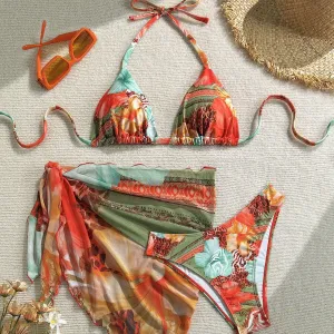 Women Fashion Print Bikini Swimsuit Three-Piece Set
